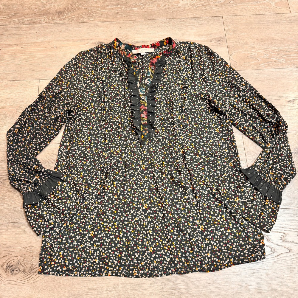 LOFT‎ Ann Taylor Floral Print Ruffle Blouse Long Sleeve Casual Top Black Small S